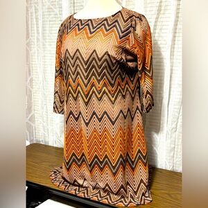 Sharagano 24W Elegant chevron Taupe crochet stitch Dress w/lining 44” L 26” p2p